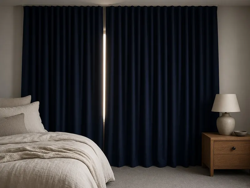Illustrative interior — navy blackout curtains in a bedroom