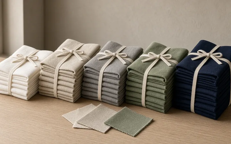Illustrative still life — folded curtain fabrics in neutral colours