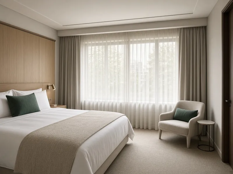Illustrative interior — hotel room with ripple-fold drapes and sheers