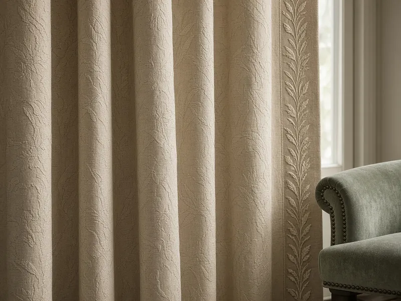 Illustrative detail — tone-on-tone jacquard curtain with embroidered border