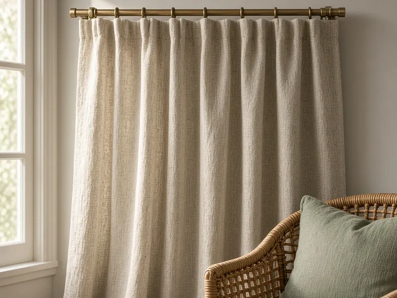 Illustrative interior — oatmeal linen-look curtain beside a window