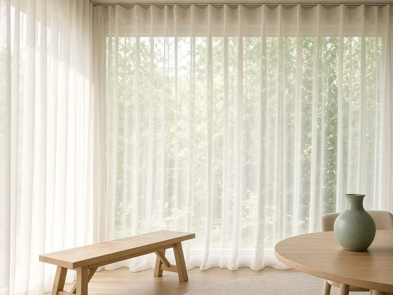 Illustrative interior — ivory sheer curtains filtering daylight