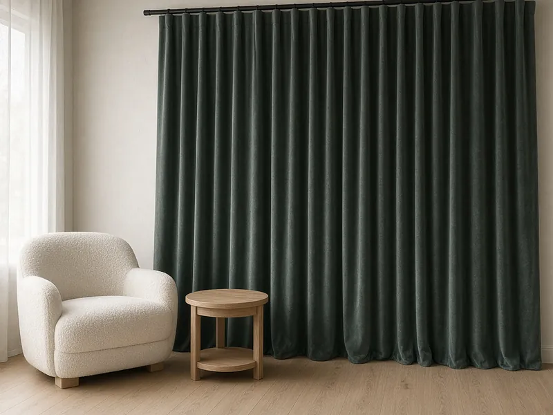 Illustrative interior — slate green velvet curtains in a living room